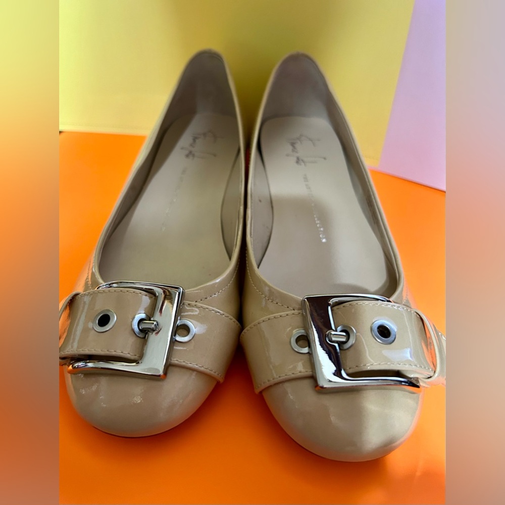 Franco Sarto Beige Patent Leather Jesse Flats with Faux buckles GOING AWAY